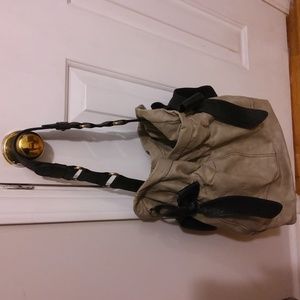 Beige Distressed Hobo Bag with Dark Brown Accents